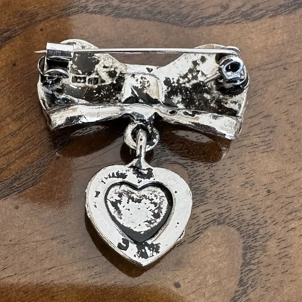 VTG Bow Ribbon Brooch Pin 1.5 Inch Dangle Heart Onyx Marcasite 925 Sterling 9.9g